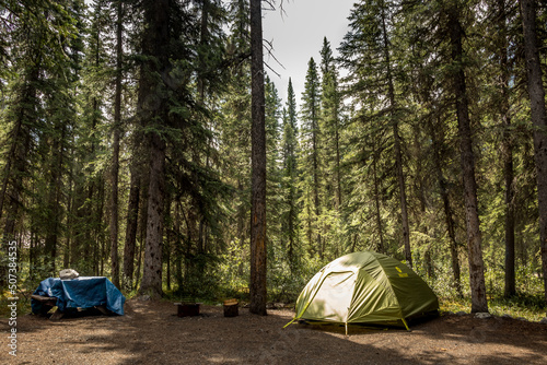 Camp set up along Rampart Creek Banff National Park Alberta Canada