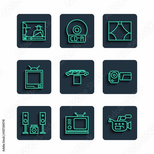 Set line Home stereo with two speakers, Retro tv, Cinema camera, Curtain, Limousine car and carpet, Online play video and icon. Vector