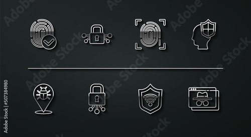 Set line Fingerprint, System bug, Head with shield, Shield WiFi wireless, Cyber security, Browser incognito window and icon. Vector