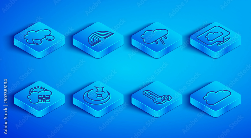 Set line Cloud with rain, Rainbow, Moon and stars, Meteorology thermometer, Location cloud, snow sun and icon. Vector Set line Cloud with rain, Rainbow, Moon and stars, Meteorology thermometer, Location cloud, snow sun and icon. Vector