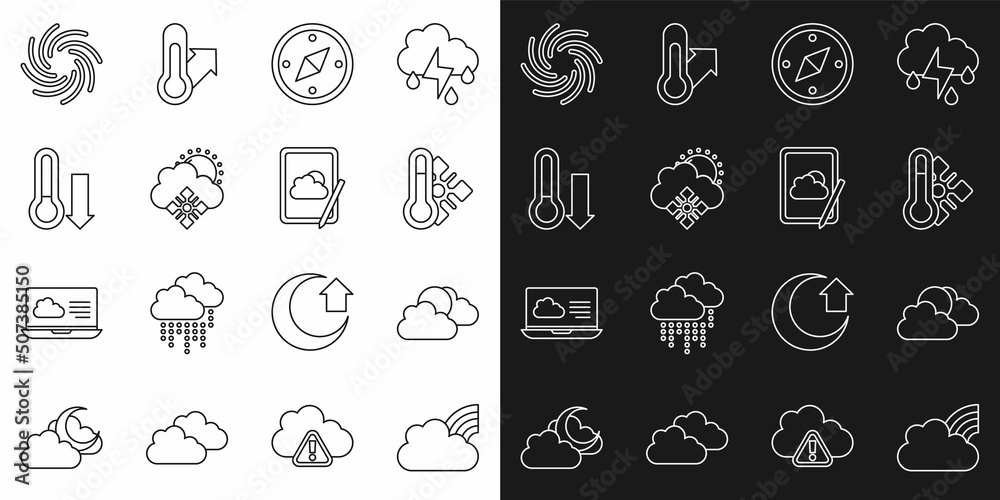 Set line Rainbow with clouds, Sun and weather, Meteorology thermometer, Compass, Cloud snow sun, Tornado and Weather forecast icon. Vector