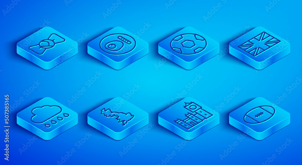 Set line Bow tie, British breakfast, Football ball, England map, Big Ben tower, Flag of Great Britain, Cloud with rain and Rugby icon. Vector Set line Bow tie, British breakfast, Football ball, England map, Big Ben tower, Flag of Great Britain, Cloud with rain and Rugby icon. Vector