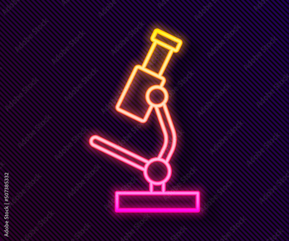 Glowing neon line Microscope icon isolated on black background. Chemistry, pharmaceutical instrument, microbiology magnifying tool. Vector Glowing neon line Microscope icon isolated on black background. Chemistry, pharmaceutical instrument, microbiology magnifying tool. Vector