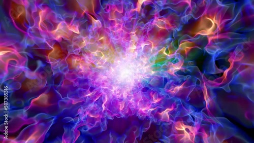 Fire plasma tunnel moving through space with a dazzling white light at the end of the tunnel simulating a near death or psychedelic experience