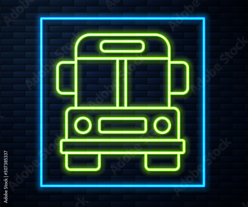 Glowing neon line School Bus icon isolated on brick wall background. Public transportation symbol. Vector