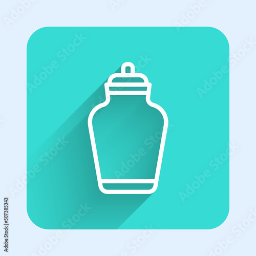 White line Funeral urn icon isolated with long shadow. Cremation and burial containers, columbarium vases, jars and pots with ashes. Green square button. Vector
