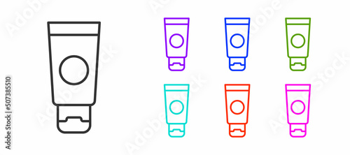 Black line Cream or lotion cosmetic tube icon isolated on white background. Body care products for men. Set icons colorful. Vector