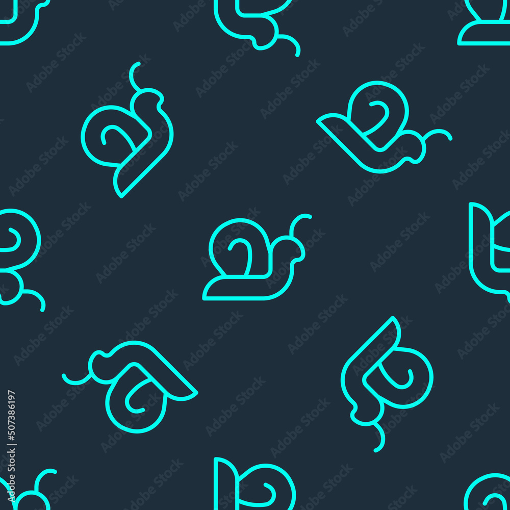 Obraz premium Green line Snail icon isolated seamless pattern on blue background. Vector