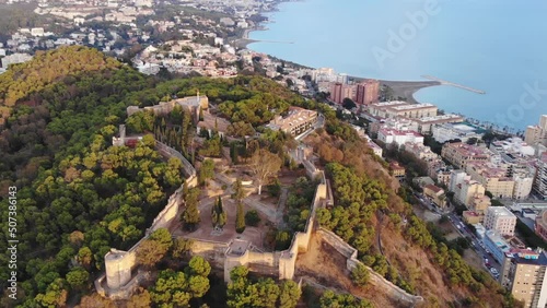 Aerial View Of Gibralfaro Castle On The Hill And Buildings On The Sea Coast In Malaga City, Spain