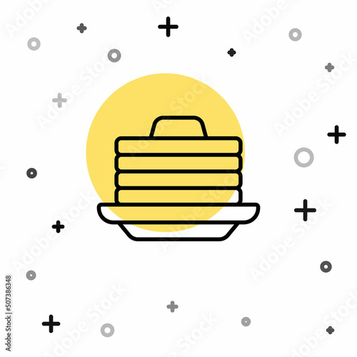 Black line Stack of pancakes with honey icon isolated on white background. Breakfast concept. Random dynamic shapes. Vector