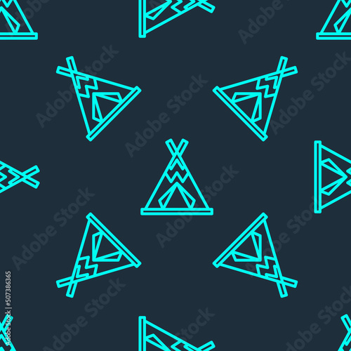 Green line Traditional indian teepee or wigwam icon isolated seamless pattern on blue background. Indian tent. Vector