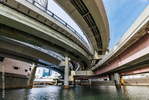 東京の川を航行する船から見る風景