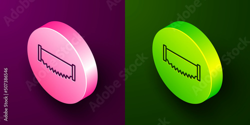 Isometric line Two-handed saw icon isolated on purple and green background. Circle button. Vector