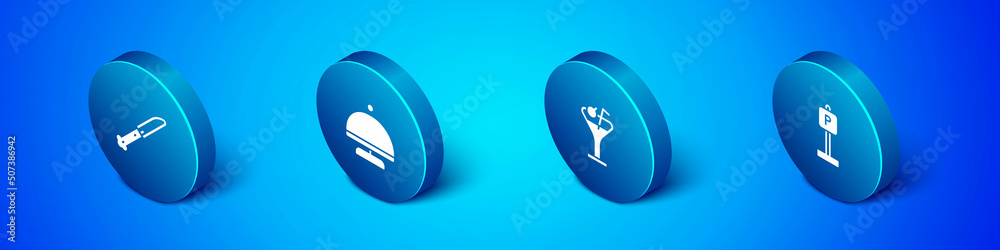 Set Isometric Knife, Martini glass, Parking and Covered with tray icon. Vector Set Isometric Knife, Martini glass, Parking and Covered with tray icon. Vector