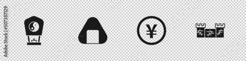 Set Chinese paper lantern, Sushi, Yuan currency and Great wall of China icon. Vector