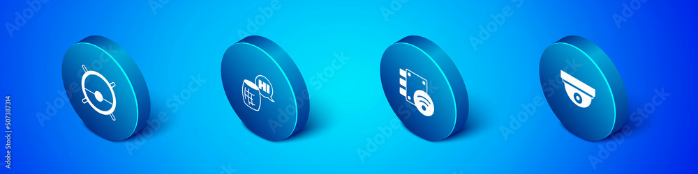 Set Isometric Robot vacuum cleaner, Digital door lock, Motion sensor and Voice assistant icon. Vector Set Isometric Robot vacuum cleaner, Digital door lock, Motion sensor and Voice assistant icon. Vector