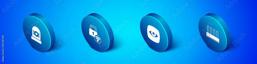 Set Isometric Ringing alarm bell, Security camera, Router and wi-fi signal and Digital door lock icon. Vector Set Isometric Ringing alarm bell, Security camera, Router and wi-fi signal and Digital door lock icon. Vector