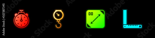 Set Stopwatch, Hand scale spring mechanical, Diagonal measuring and Corner ruler icon. Vector