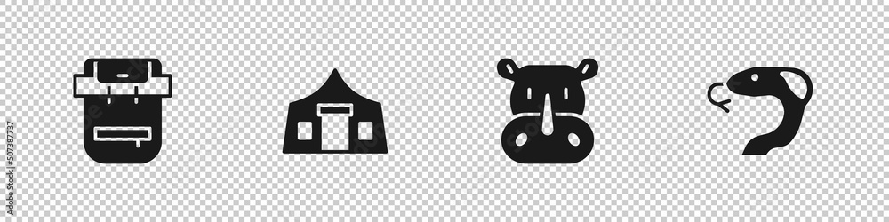 Set Hiking backpack, Tourist tent, Rhinoceros and Snake icon. Vector