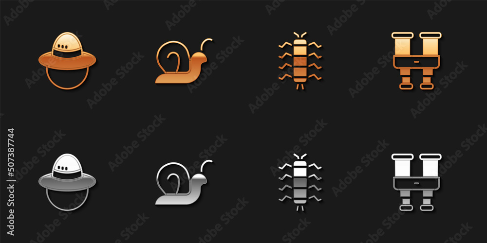 Set Camping hat, Snail, Centipede insect and Binoculars icon. Vector