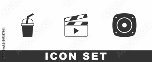 Set Paper glass with water, Movie clapper and Stereo speaker icon. Vector