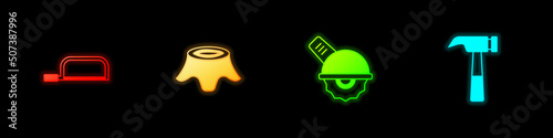 Set Hacksaw, Tree stump, Electric circular and Hammer icon. Vector