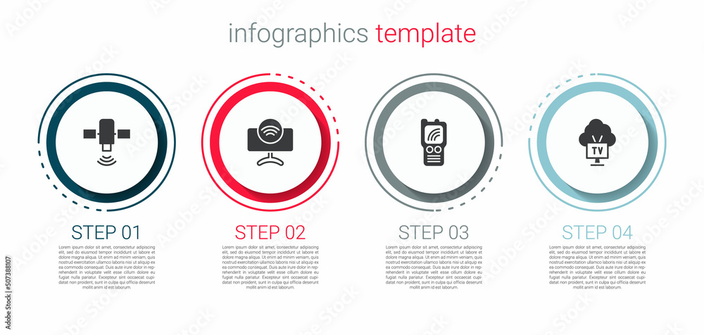 Set Satellite, Smart Tv system, Walkie talkie and . Business infographic template. Vector Set Satellite, Smart Tv system, Walkie talkie and . Business infographic template. Vector