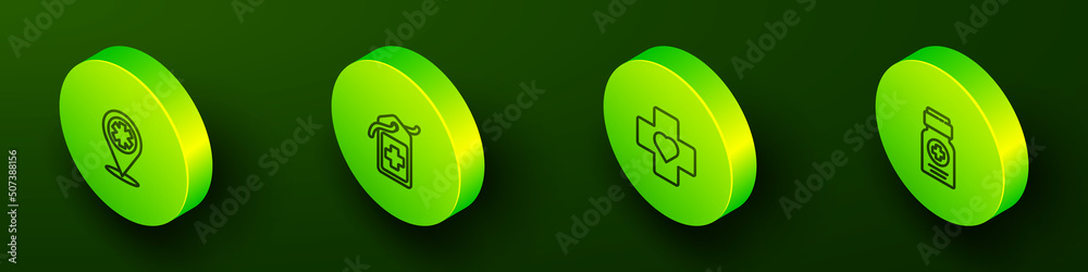 Set Isometric line Map pointer with cross hospital, Cross medical tag, Heart and Medicine bottle icon. Vector Set Isometric line Map pointer with cross hospital, Cross medical tag, Heart and Medicine bottle icon. Vector