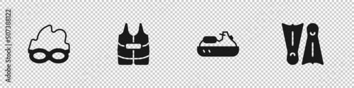 Set Glasses for swimming, Life jacket, Jet ski and Flippers icon. Vector