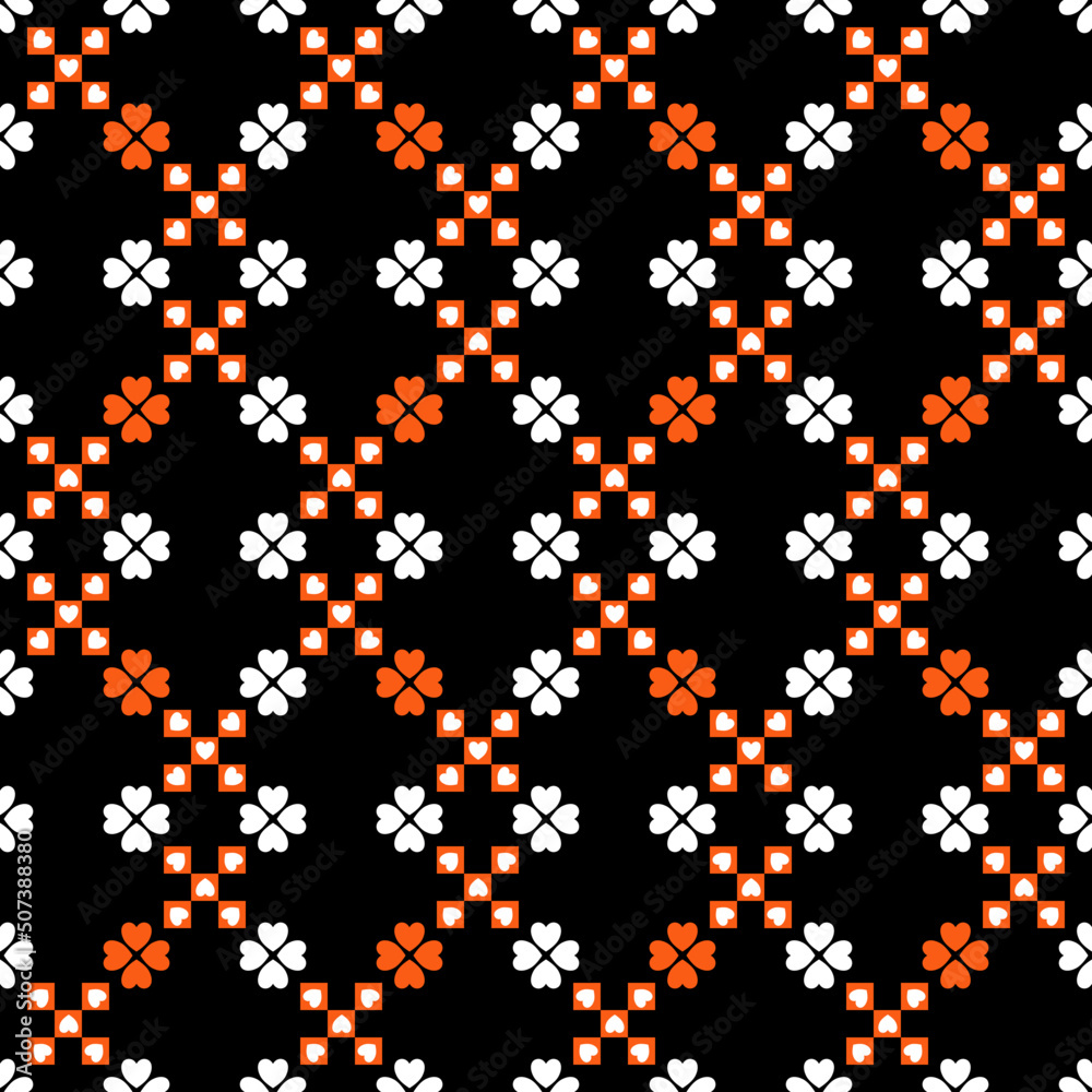 Vector seamless pattern background with heart in geometrical shapes of orange white black colors. Illustration with symmetrical design.