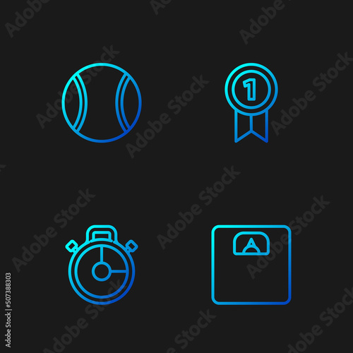 Set line Bathroom scales, Stopwatch, Tennis ball and Medal. Gradient color icons. Vector