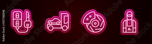 Set line Car key with remote, transporter truck, brake disk caliper and mechanic. Glowing neon icon. Vector