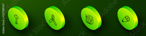 Set Isometric line Hammer, Car battery jumper power cable, Multimeter and Timing belt kit icon. Vector