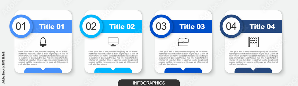 Set line Ringing bell, Computer monitor screen, School backpack and Abacus. Business infographic template. Vector Set line Ringing bell, Computer monitor screen, School backpack and Abacus. Business infographic template. Vector
