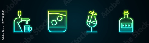 Set line Beer tap with glass, Glass of whiskey, Cocktail and Alcohol drink Rum bottle. Glowing neon icon. Vector