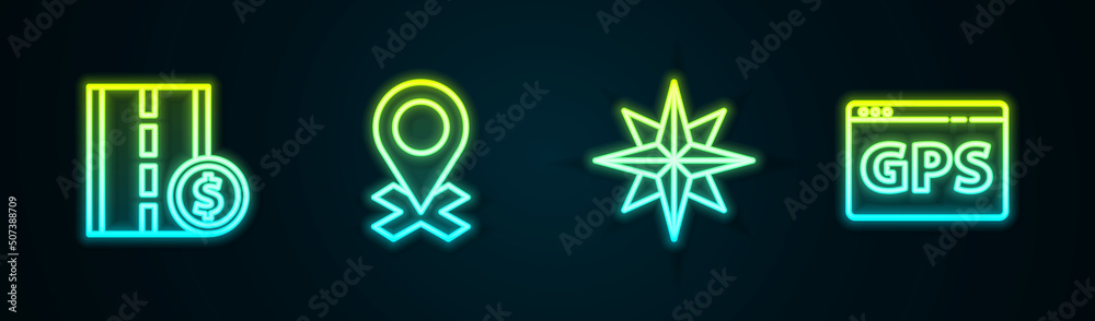 Set line Toll road traffic sign, Location, Wind rose and Gps device with map. Glowing neon icon. Vector Set line Toll road traffic sign, Location, Wind rose and Gps device with map. Glowing neon icon. Vector