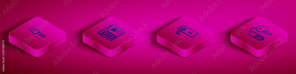 Set Isometric line Unlocked key, House intercom system, Door handle and with icon. Vector Set Isometric line Unlocked key, House intercom system, Door handle and with icon. Vector
