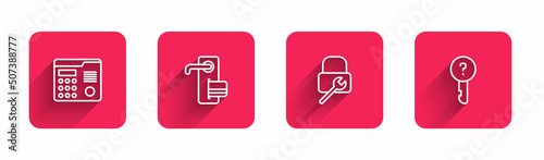 Set line House intercom system, Digital door lock, Lock repair and Undefined key with long shadow. Red square button. Vector