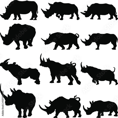 Set of rhinoceros silhouette in different poses cartoon animal design flat vector illustration isolated on white background
