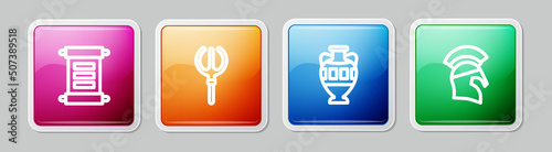 Set line Decree, parchment, scroll, Neptune Trident, Ancient amphorae and Greek helmet. Colorful square button. Vector