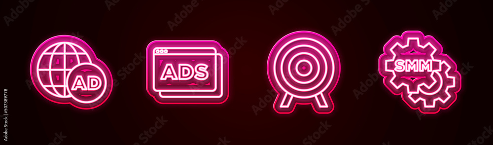Set line Advertising, , Target sport and Social media marketing. Glowing neon icon. Vector Set line Advertising, , Target sport and Social media marketing. Glowing neon icon. Vector