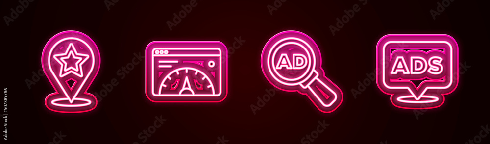Set line Map pointer with star, Website statistic, Advertising and . Glowing neon icon. Vector Set line Map pointer with star, Website statistic, Advertising and . Glowing neon icon. Vector