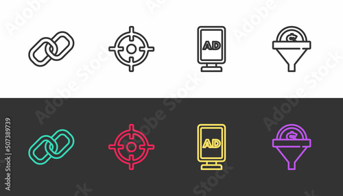 Set line Chain link, Target sport, Advertising and Lead management on black and white. Vector
