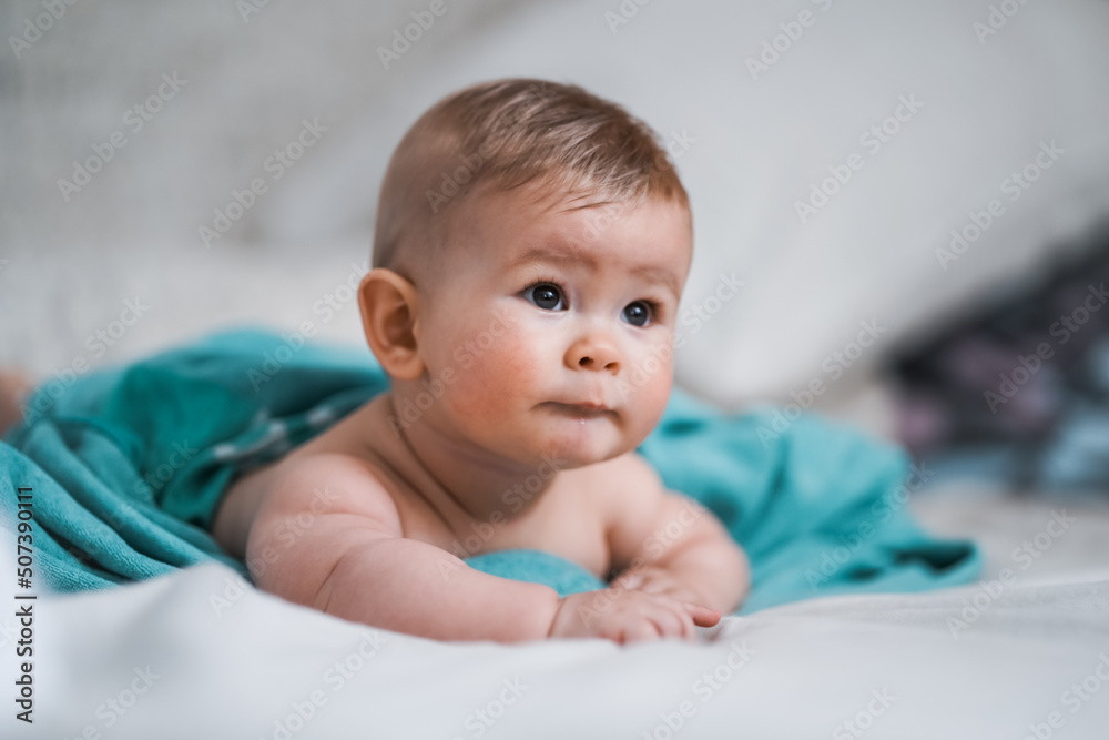 cute little naked 6 month old baby lying on stomach and looking up in prone position after bathing wrapped in turquoise towel at home cute little naked 6 month old baby lying on stomach and looking up in prone position after bathing wrapped in turquoise towel at home