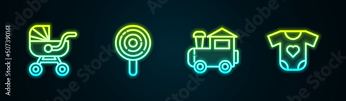 Set line Baby stroller, Lollipop, Toy train and clothes. Glowing neon icon. Vector