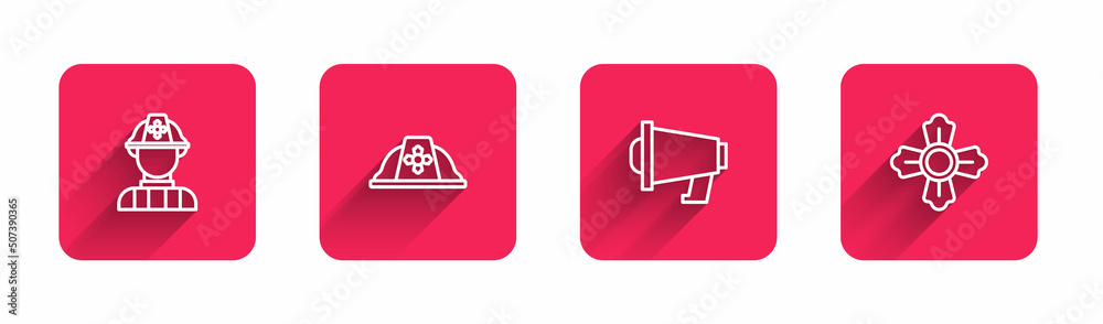 Set line Firefighter, helmet, Megaphone and with long shadow. Red square button. Vector Set line Firefighter, helmet, Megaphone and with long shadow. Red square button. Vector