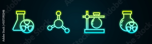 Set line Test tube radiation, Molecule, flask stand and . Glowing neon icon. Vector