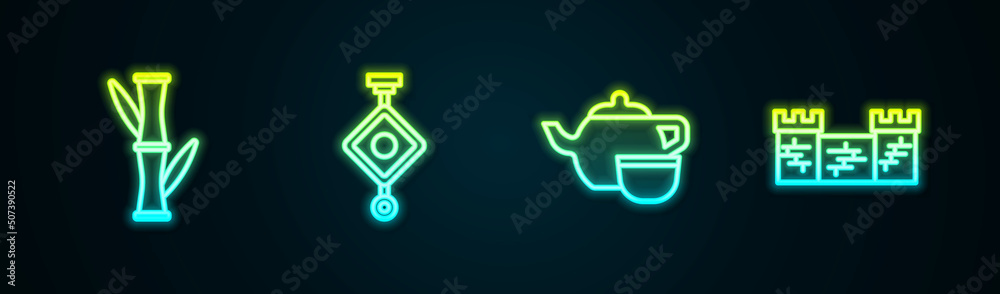 Set line Bamboo, Chinese paper lantern, tea ceremony and Great wall of China. Glowing neon icon. Vector