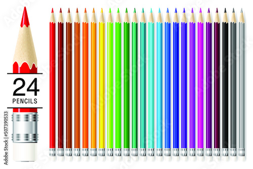 24 realistic vector pencils set isolated on white background.