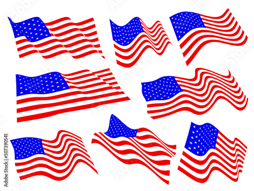 American flags waving set.